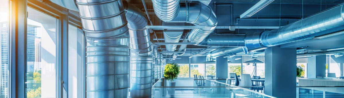 Nowoczesna instalacja kanałów wentylacyjnych w przeszklonym biurze – przykład profesjonalnej realizacji systemu HVAC