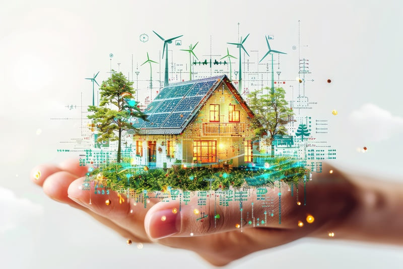 wentylacja i rekuperacja - Ekologiczny dom z panelami słonecznymi i turbinami wiatrowymi w dłoni – symbol nowoczesnych, energooszczędnych technologii Comfortis
